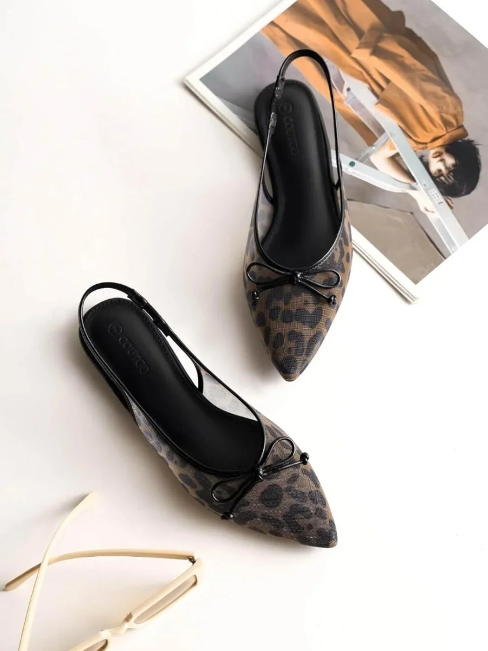 〽️Women's Leopard Slingback Flats Bow Closed Pointed Toe Low Heel Sandals Shoes